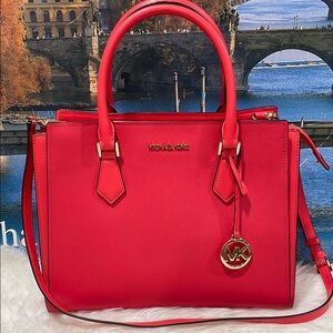 Michael Kors Red Satchel with Gold Hardware and Detachable Strap